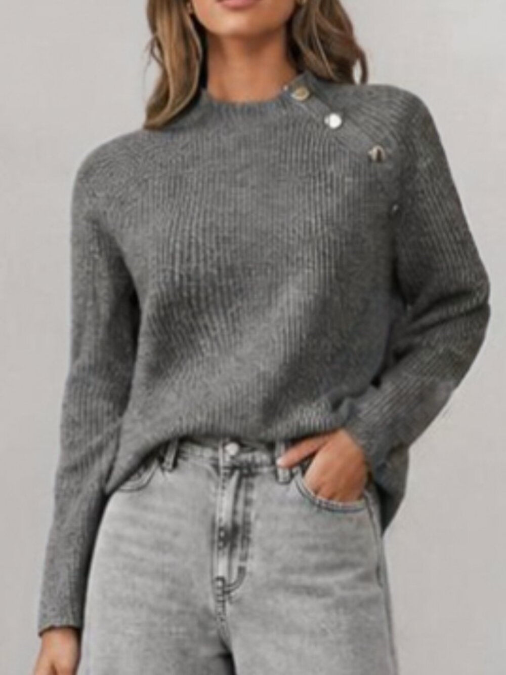 Gray Ribbed Crew Neck Sweater Large